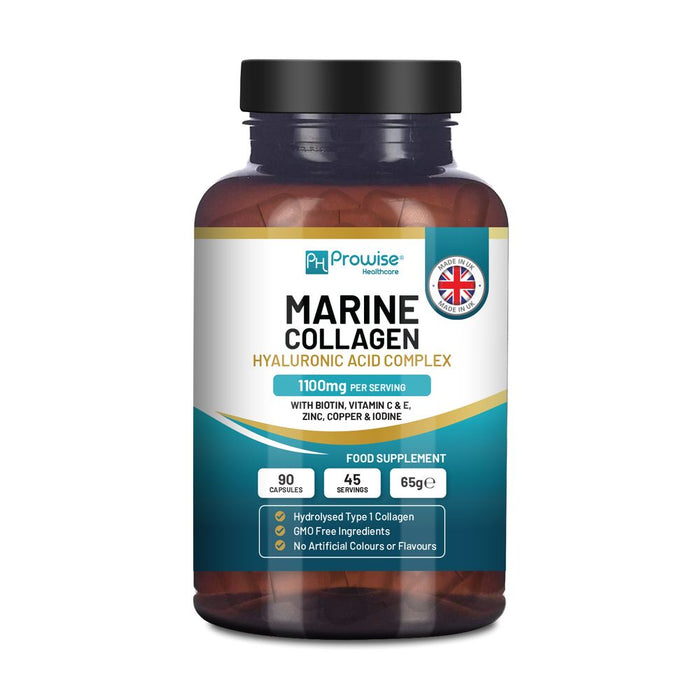 Marine Collagen with Hyaluronic Acid 1100mg | 90 Collagen Capsules High Strength for Women & Men | Vitamins C, E, B2, Biotin, Copper, Zinc & Iodine | Collagen Supplements Made in The UK by Prowise