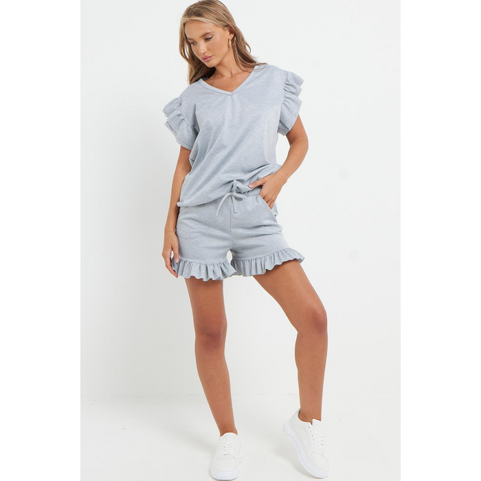 Ladies V Neck Frill Peplum Sleeve Top and Short 2 Piece Tracksuit Set