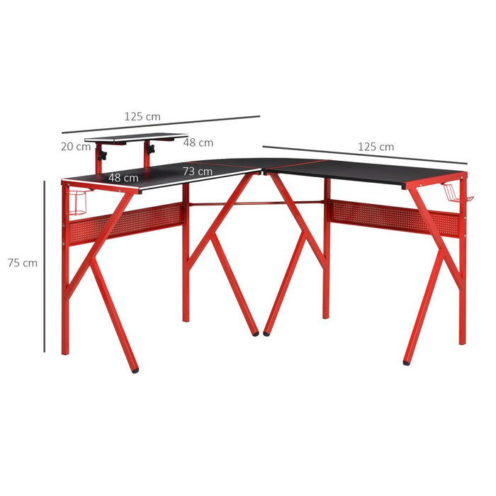 Premium Gaming Desk: L-Shaped PC Workstation, Monitor Stand, 49.25" x 49.25" x 29.5", Red