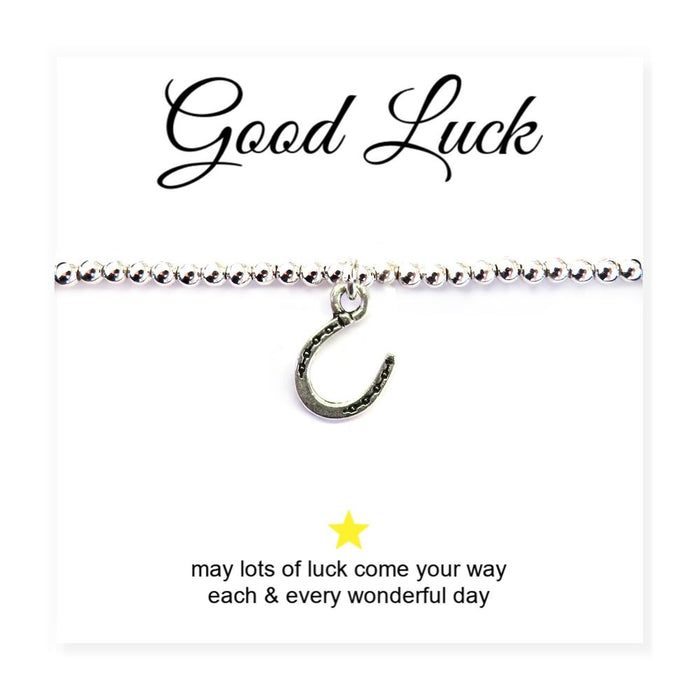 Horseshoe Charm Silver Beaded Bracelet - Good Luck Message Card Included