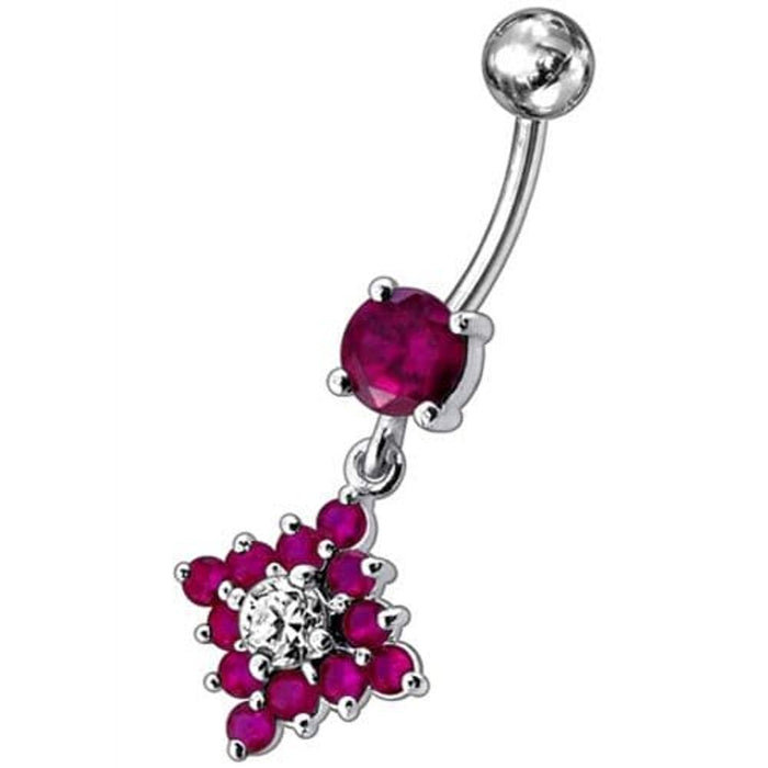 Flower Belly Navel Ring Fancy CZ Gemmed Dangle Button