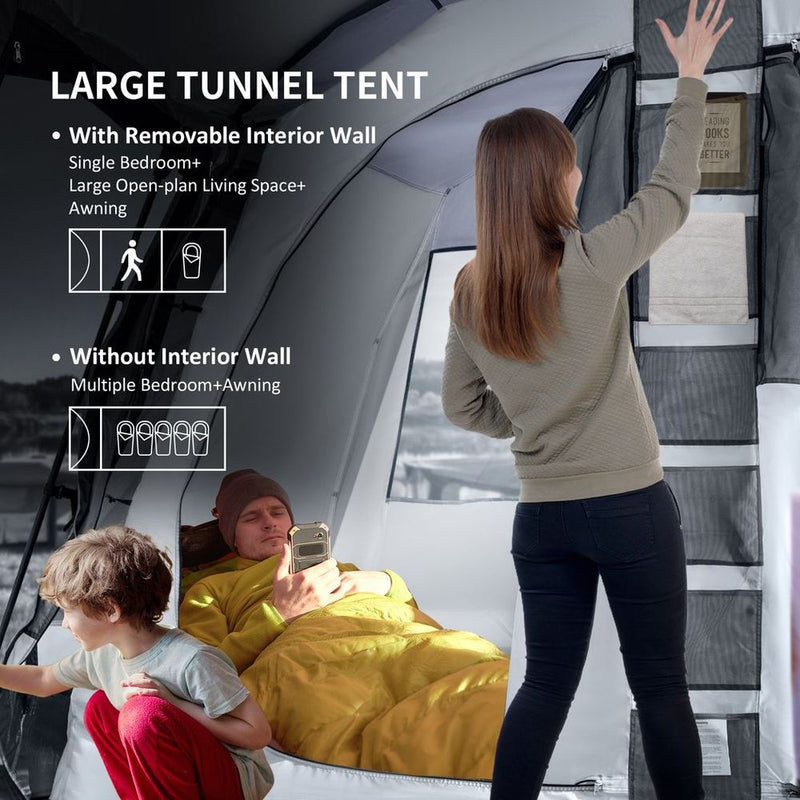 Premium 8-Person Camping Tent with Tunnel Design, 4 Large Windows, Dark Grey
