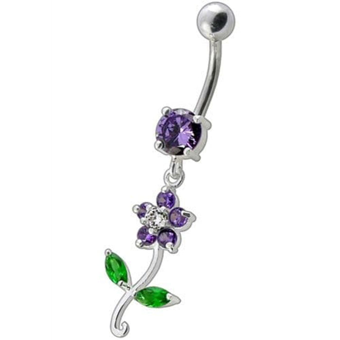 Fancy Flower With Green Jeweled Leafs Dangling Navel Banana Bar Ring