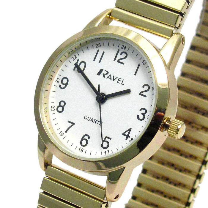 Ravel Ladies Bold Number White Dial Gold Expander Bracelet Watch R0232.22.2