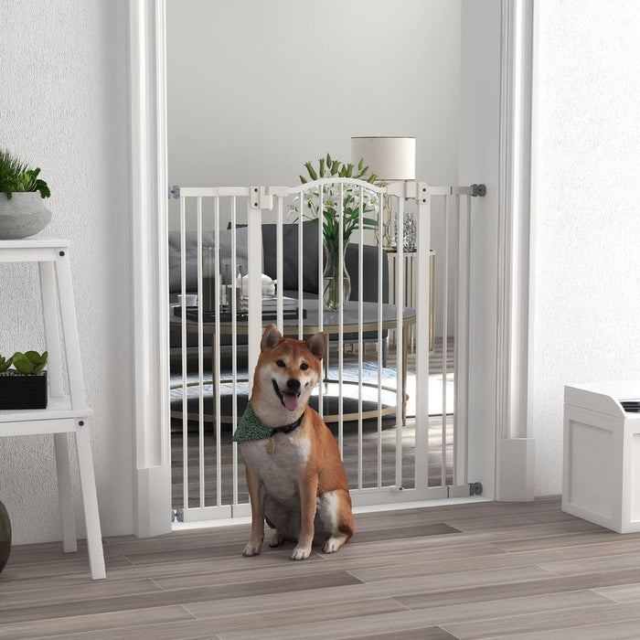 PawHut 74-100cm Metal Pet Gate w/Auto-Close Door- White