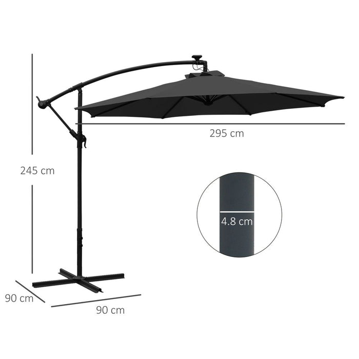 Outsunny 3(m) Banana Cantilever Parasol with Solar LED Lights, Garden Umbrella with Cross Base and Crank Handle, Hanging Offset Sun Shade for Outdoor, Patio, Black