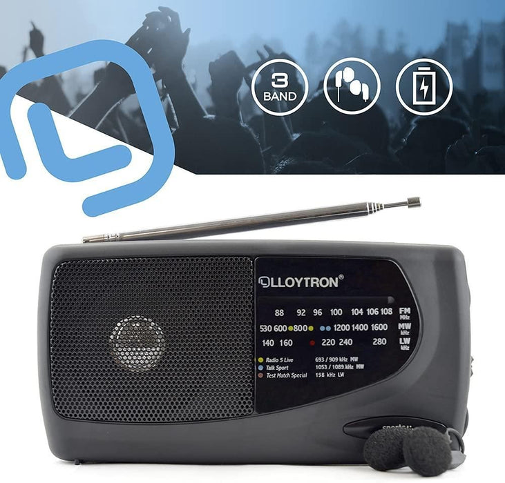 Lloytron Sports Personal Radio | 3 Band MW/FM/LW | Easy Find Tuning Window | Earphones Included