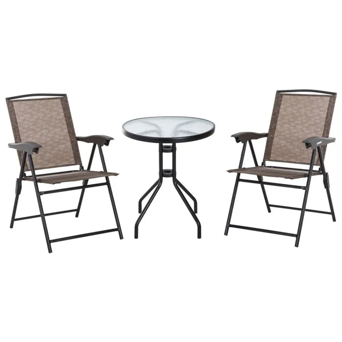 3 PCS Patio Furniture Bistro Set | Folding Chairs | Tempered Glass Table | Brown