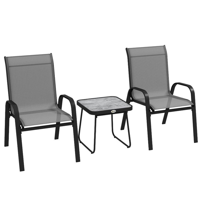 Outsunny 3PCs Bistro Set with Breathable Mesh Fabric Stackable Chairs Light Grey