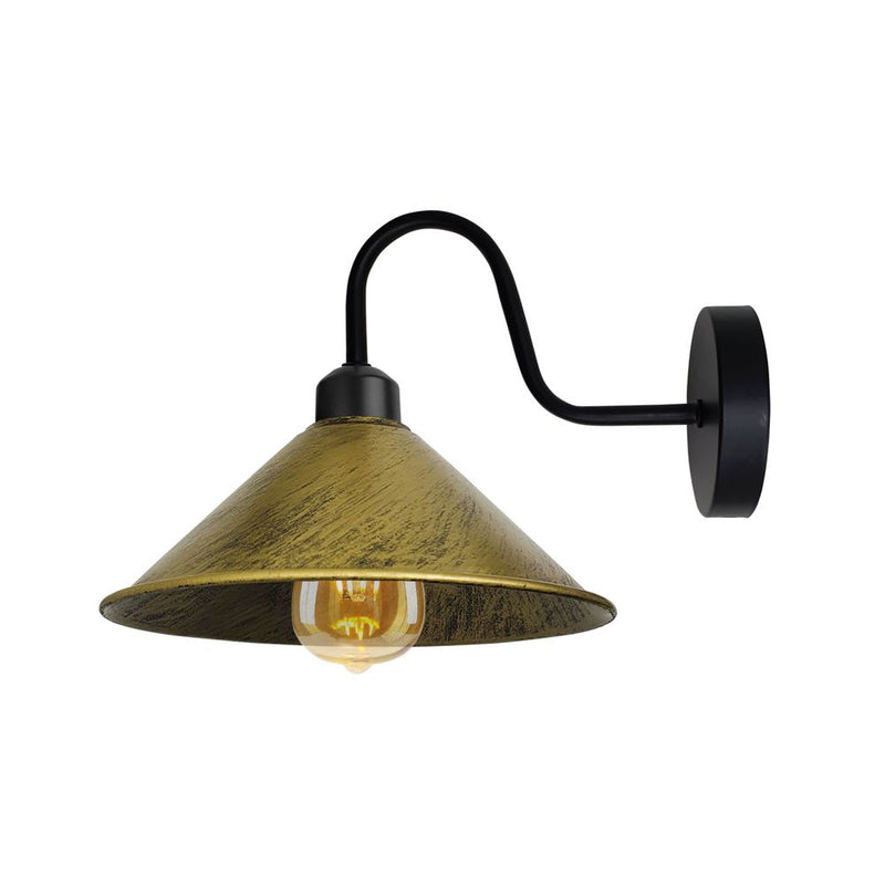 Vintage Brass Wall Sconce, Black Cone Shape Shade, E27 Base, Dimmable, Retro Design, Indoor Lighting