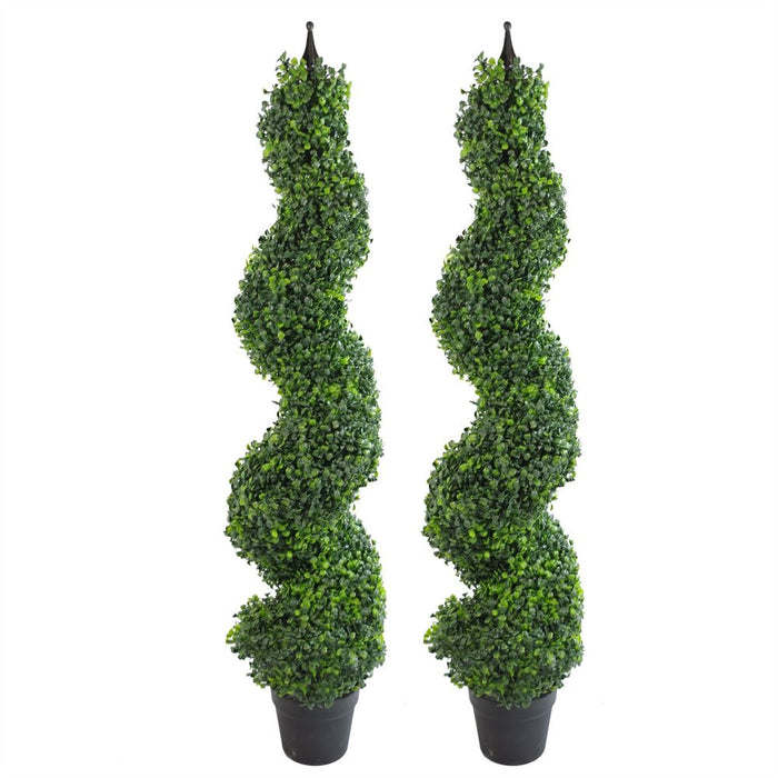 Pair of 4ft Artificial Boxwood Tower Trees - Indoor/Outdoor - Lifelike Foliage