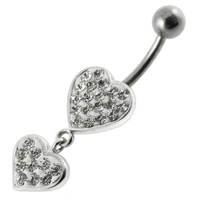 Fancy Double Red Jeweled Heart Dangling SS Bar Navel Ring