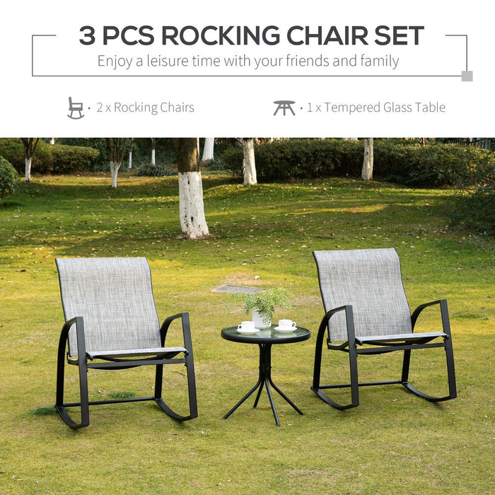 Outdoor Rocking Chair Set w/ Glass Table - Patio Bistro Furniture - Steel Frames