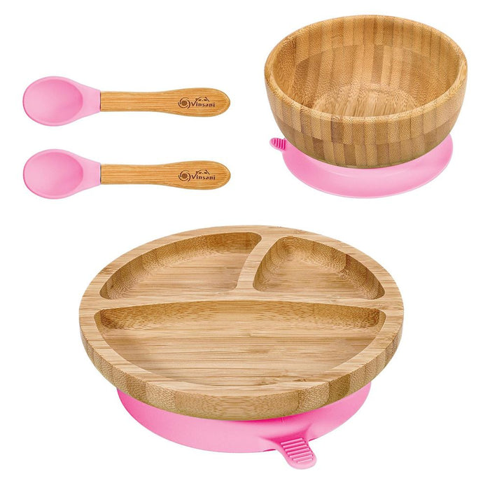 VINSANI BAMBOO BOWL, ROUND PLATE & SPOON SET - Non-Slip Base, All-Natural, Easy Clean - Perfect for Baby Feeding!