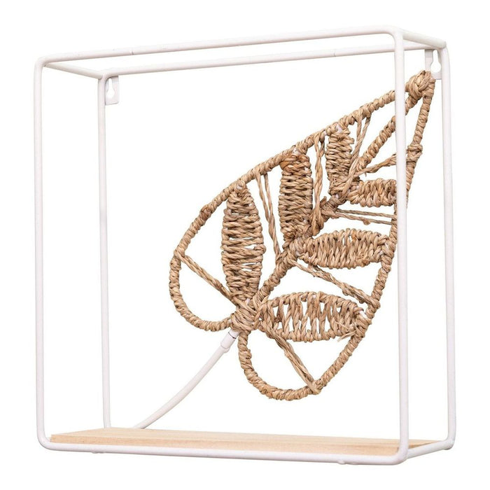 Woven Leaf Design Shelf 30cm - White Wire Frame - Seagrass - Wall Art - Decoration and Storage - MDF Shelf - WF2480