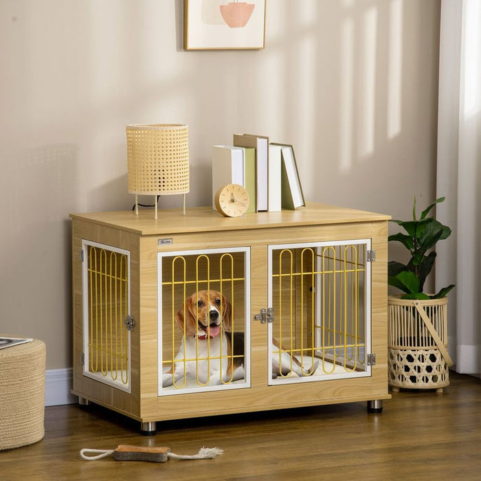 Luxury Dog Crate Furniture - End Table with Cushion, Double Door - Oak Tone