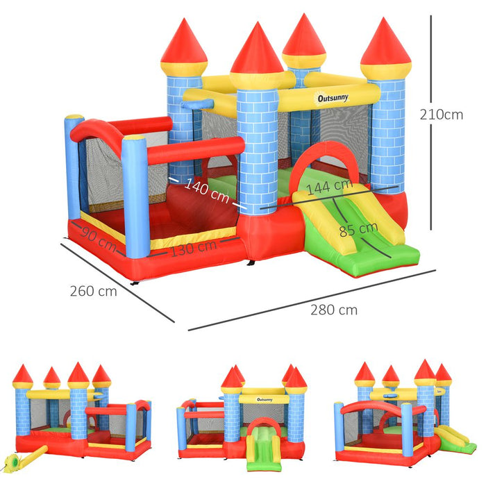 Outsunny Kids Bouncy Castle House Inflatable Trampoline Slide Water Pool Basket 4 in 1 with Blower Basketball Hoop for Kids Age 3-8 Castle Design 2.8 x 2.6 x 2.1m