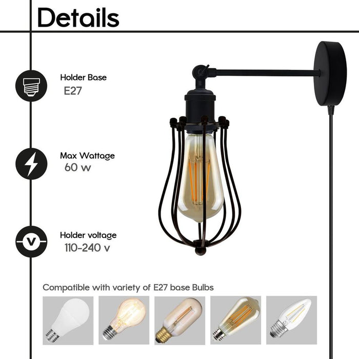 Modern Industrial Black Loft Metal Plug in wall Lamp Shade Wire Cage 4m Rapper cable with dimmer switch