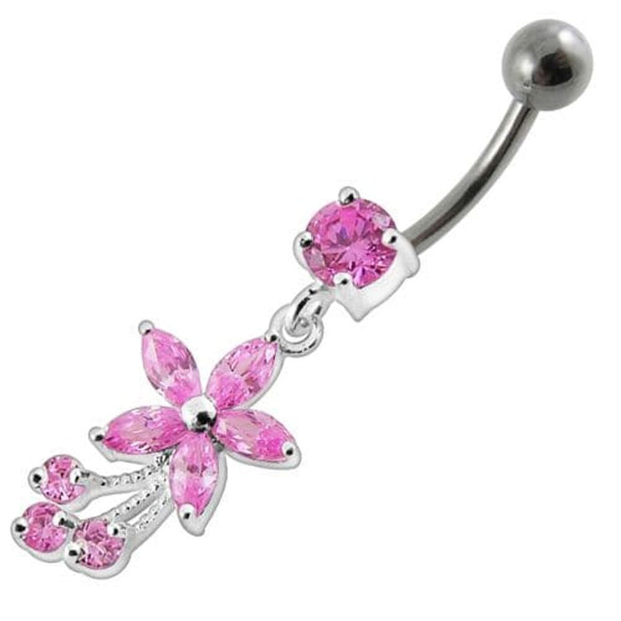 Fancy Flower With Stone Dangling SS Curved Belly Ring