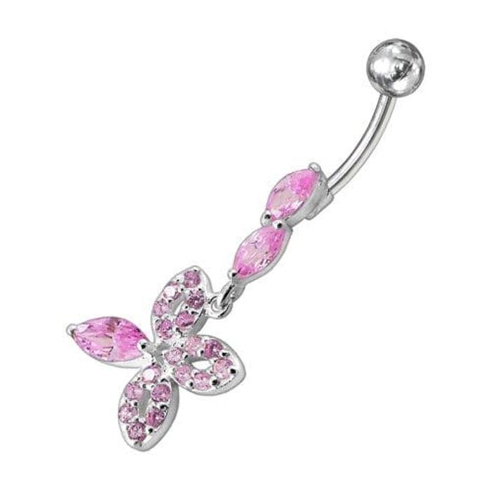 Fancy Silver Dangling Jeweled SS Curved Belly Ring