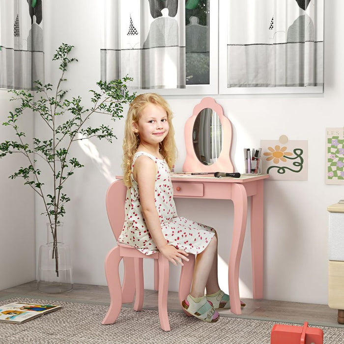 ZONEKIZ Kids Dressing Table with Mirror Stool Drawer, Cute Animal Design, Pink