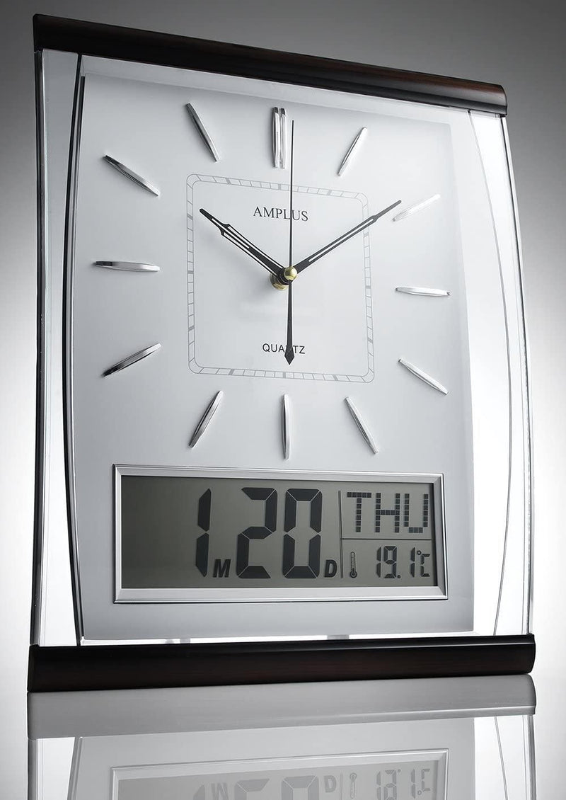 AMPLUS Silent Sweep Wall Clock | Large Digital Month/Date/Day Calendar | White | Premium Quality