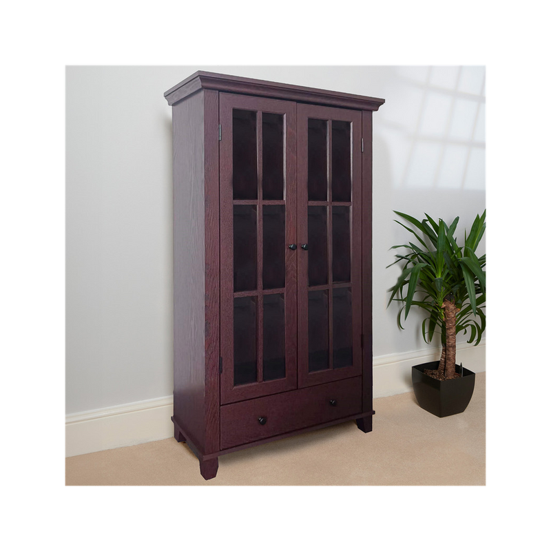 Greenhurst Display Cabinet, Media Storage with Shelving and Drawer, Double Perspex Doors H132.5 W76cm D30cm (Mahogany)