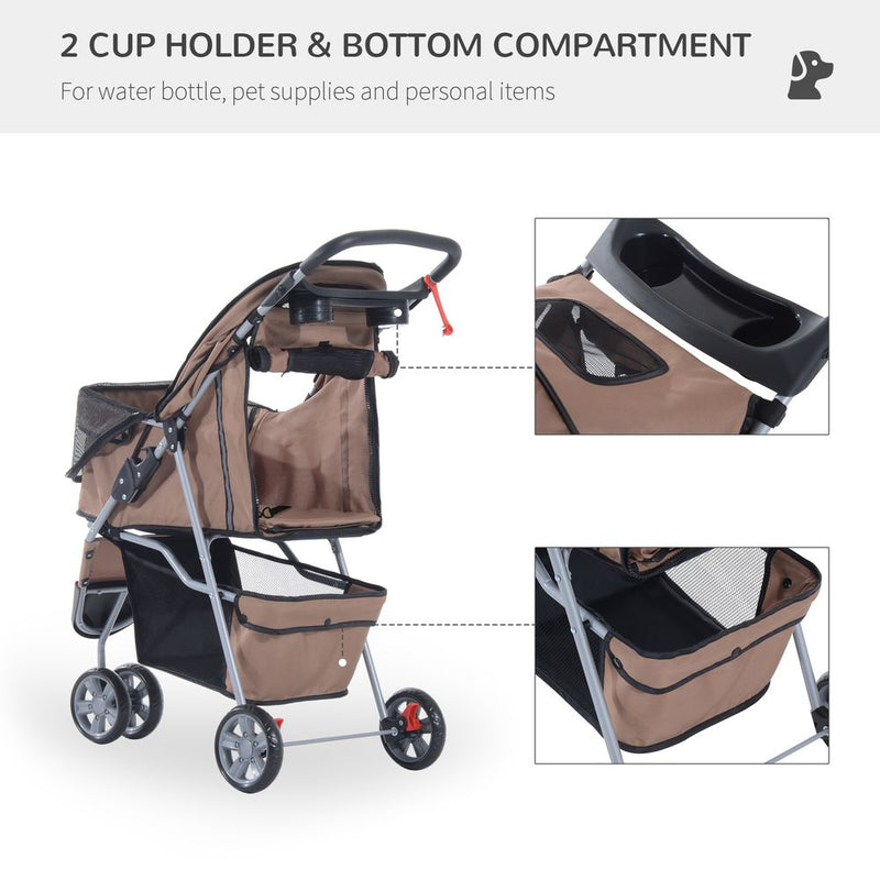 PawHut Pet Travel Stroller Cat Dog Pushchair Trolley Puppy Jogger Carrier Three Wheels for Small Miniature Dogs (Coffee)