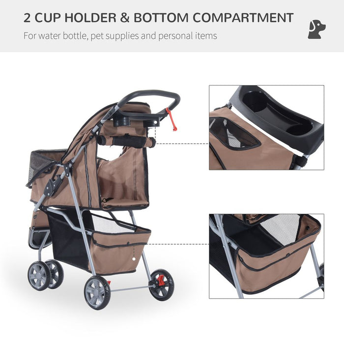 3-Wheel Pet Stroller Pushchair for Cat Puppy, Brown - High Quality, Convenient Carrier for Travel & Walks