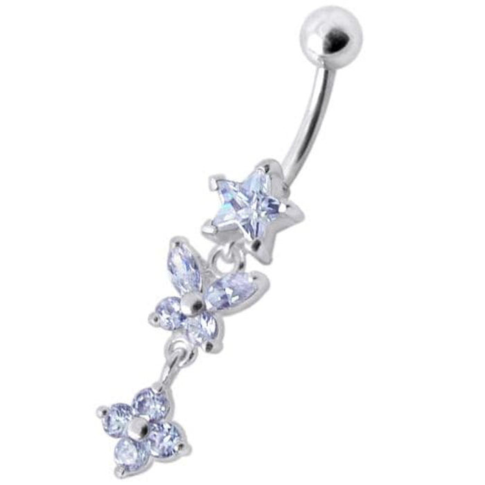 Fancy  Multi Flower Jeweled Dangling Navel Ring