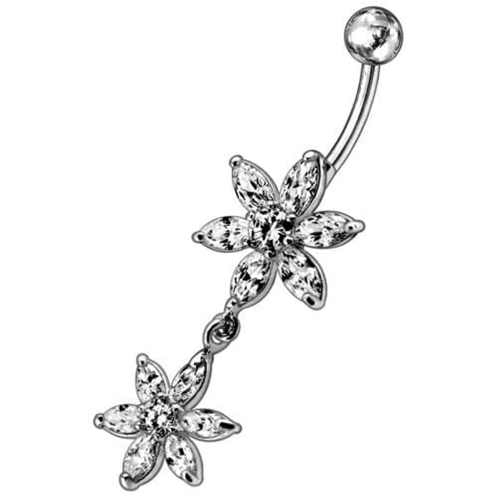 Silver Jeweled Flower Dangling SS Curved Belly Ring