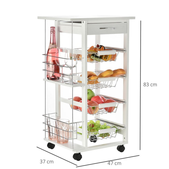 Compact White Kitchen Island Trolley - Multifunctional Storage Cart with Metal Baskets & Wheels