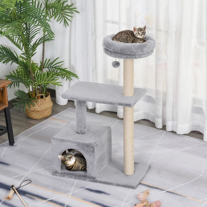 PawHut 96cm Cat Tree Condo Sisal Scratching Post Cat Tower Kitten Play House Dangling Ball Activity Center Furniture Grey