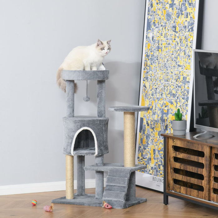 Ultimate Cat Tree: 100cm, Climbing Ladder, Scratching Post & Ball - Professional Quality, Light Grey Pawhut