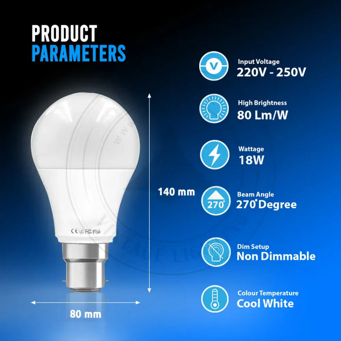 High Quality 18W B22 Screw LED Light Bulbs - Energy Saving, Cool White 6000K, Non Dimmable