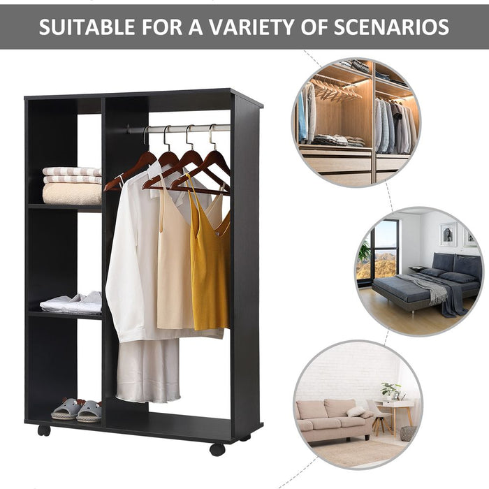 Space-Saving Rolling Open Wardrobe w/ Hanging Rail & Storage Shelves, Black - High Quality