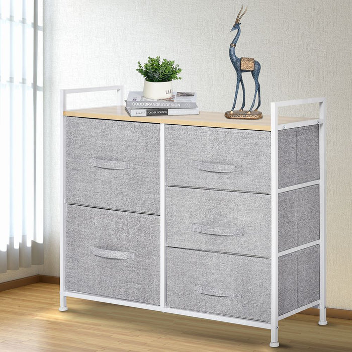 HOMCOM 5 Drawer Linen Basket Storage Unit Home Organisation w/Shelf Handles Metal Frame Adjustable Feet Hallway Home Dresser Grey