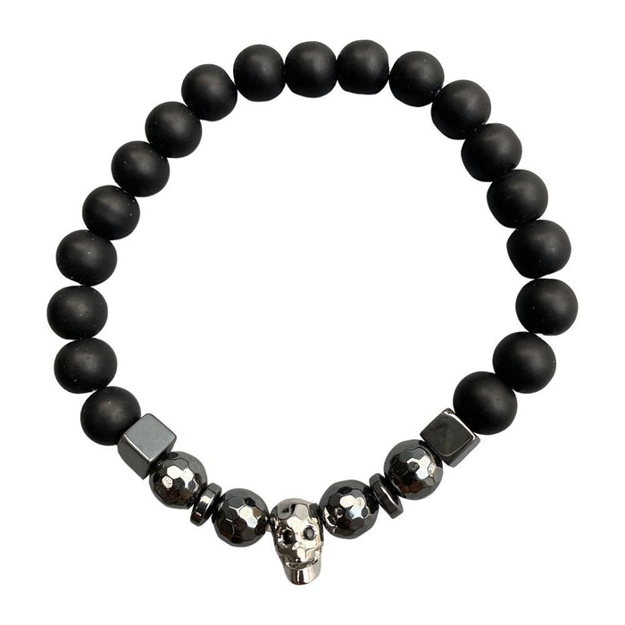 Edgy & Bold Skull Bracelet: Metallic Charm, Hematite, Lava & Wood Beads - Make a statement with our unique accessory!