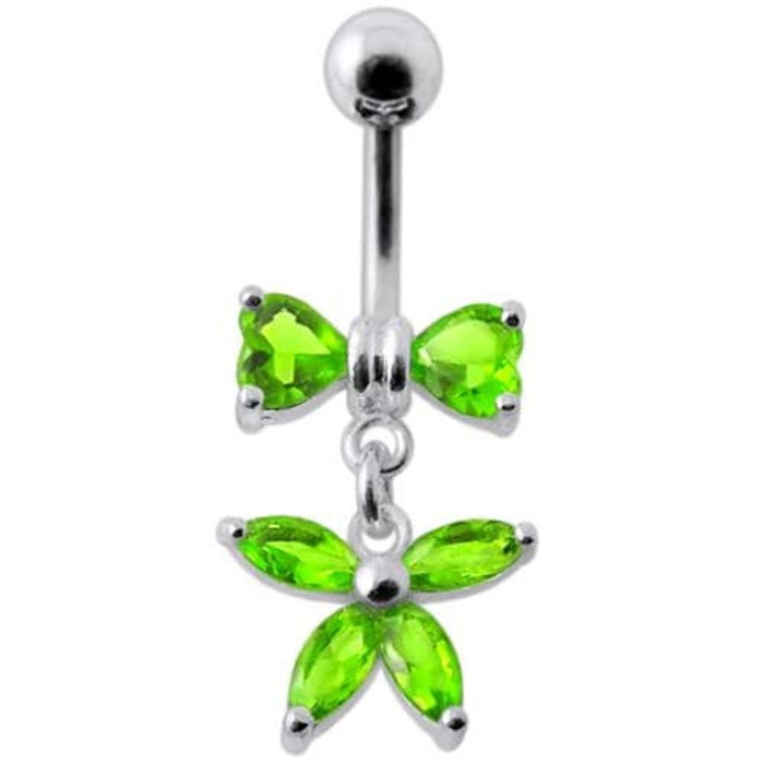 Fancy Jeweled Butterfly with Bow Dangling Surgical Grade Steel Belly Ring