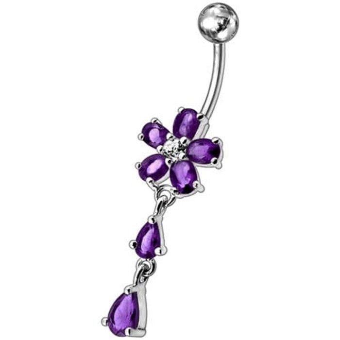 Fancy Jeweled Flower With Silver Dangling SS Bar Navel Ring