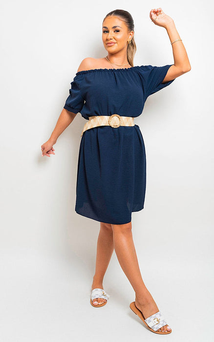 Showstopper Off Shoulder Belted Mini Dress