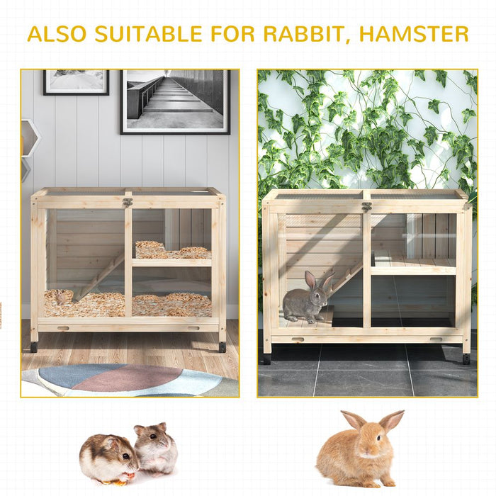 PawHut Rabbit Hutch Indoor Wooden Guinea Pig House Hamster Cage with Wheels, 2 Layers Bunny Cage with Openable Roof, 91.5 x 53.3 x 73 cm, Natural EA