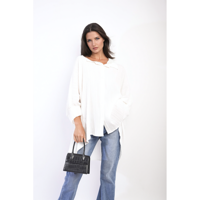 Angela Oversized Button Front Top - Stylish & Versatile Long Sleeve Shirt