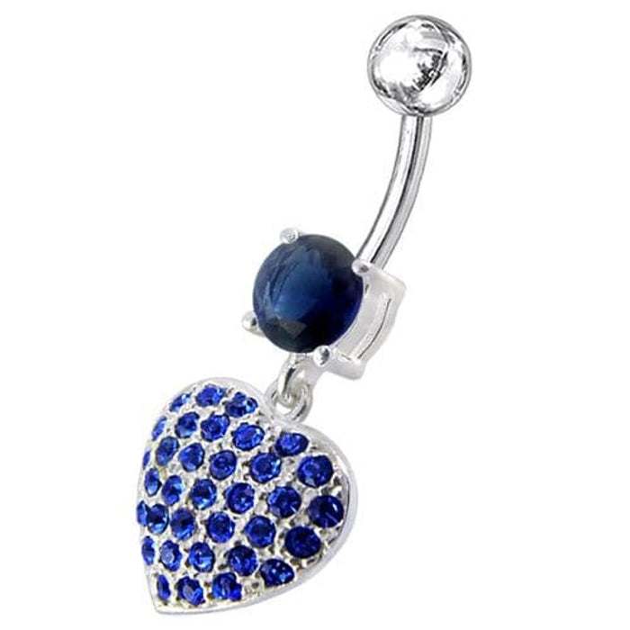 Fancy  Jeweled Heart Dangling SS Bar Belly Ring