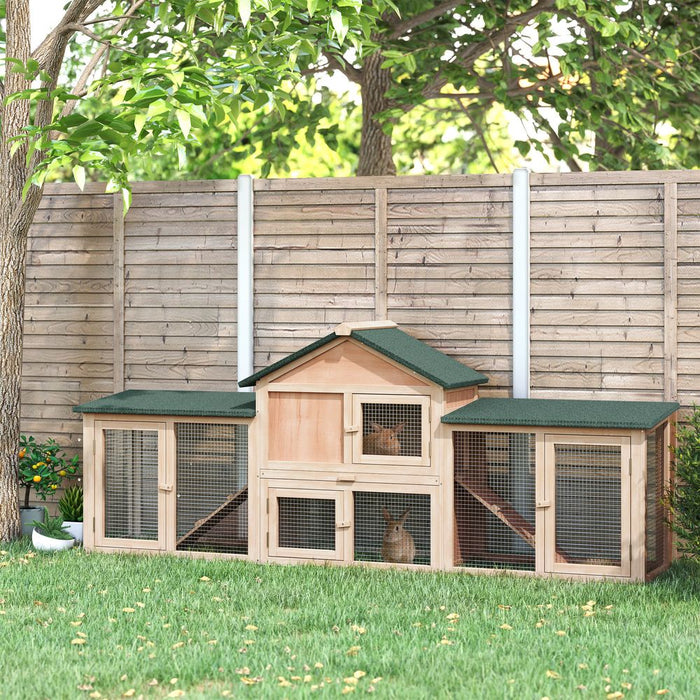 PawHut Deluxe Rabbit Hutch Outdoor, Wooden Guinea Pig Hutch, Two-Storey Bunny House with Ladder Rabbit Run Box Slide-out Tray 210 x 45.5 x 84.5 cm