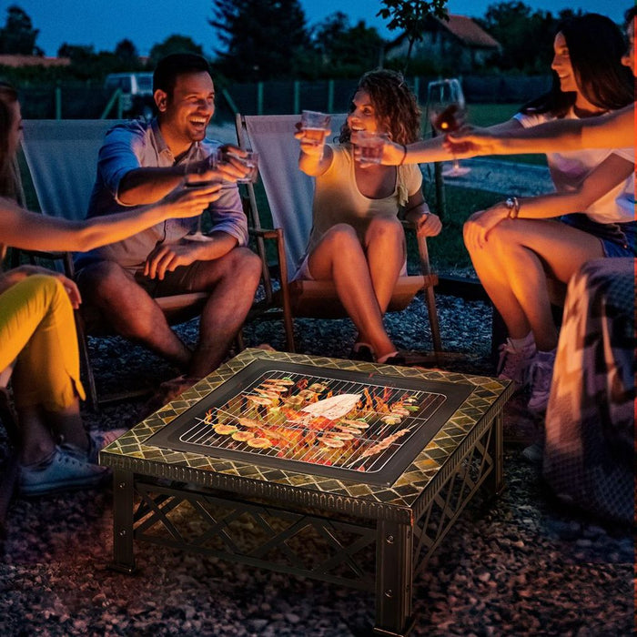 Premium 76cm Square Fire Pit Table - Poker, Mesh Cover, Log Grate