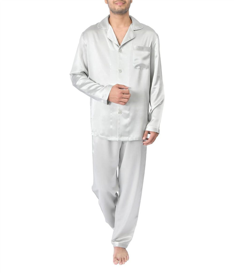 SILK PJS LONG SET MENS LARGE SILVER Pyjamas