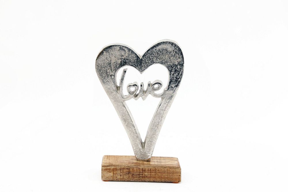 Silver Heart Love on Wooden Base - Small, Versatile Piece with D5 x H21 x W13.7cm Measurements