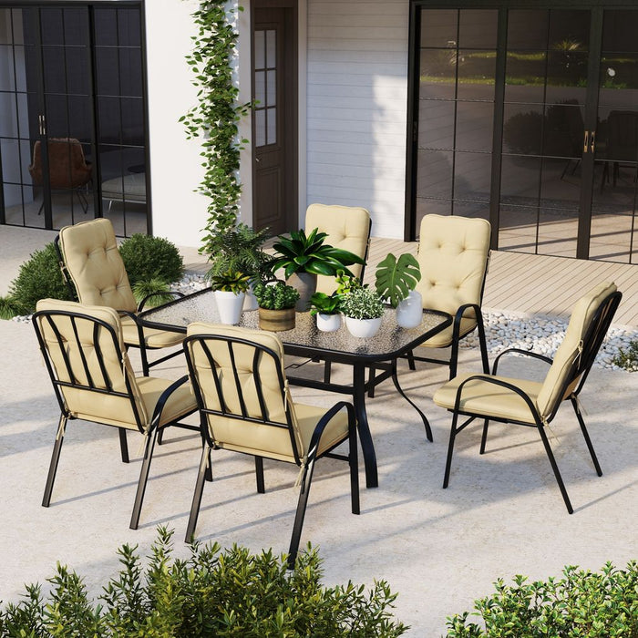 Outsunny 7 PCs Garden Dining Set, Glass Table w/ Umbrella Hole & Cushion, Beige