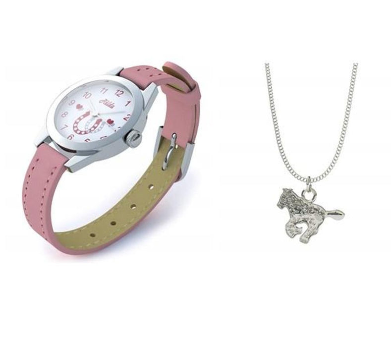 Deluxe Relda Pink Horse Watch & Jewellery Set - High-Quality Gifts for Kids, Silvertone Horse Necklace & Bracelet Included